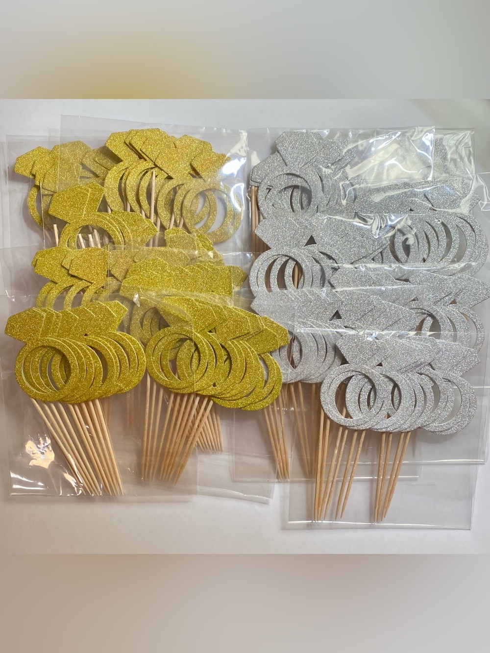 Diamond Ring Cupcake Toppers - Lot of 100 Gold Glitter & Silver Glitter
